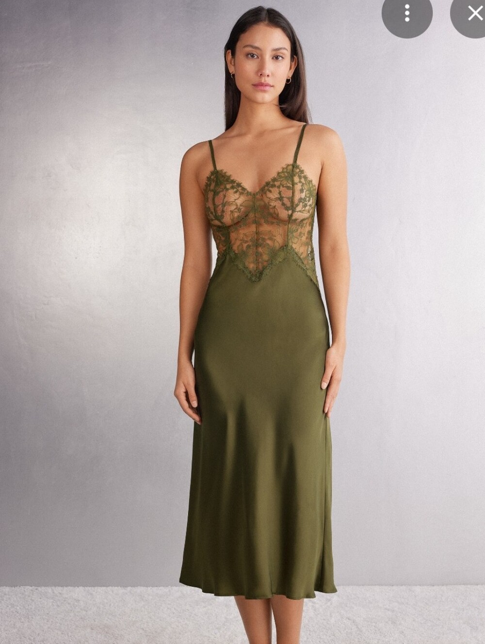 Intimissimi Lace-Trim Silk  Slip Dress in Olive Green